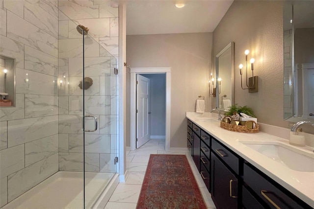 1000 NE 23rd St, Grimes, IA 50111 - bathroom featuring marble finish flooring, a shower stall, double vanity, and baseboards
