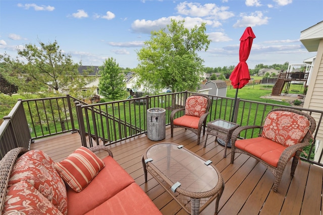 1822 30th Ave SW, Altoona, IA 50009 - wooden terrace featuring a lawn and an outbuilding