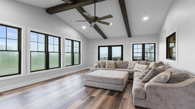 100 Coventry Ct, Clear Lake, IA 50428 - living area with beam ceiling, dark wood-type flooring, ceiling fan, recessed lighting, and baseboards