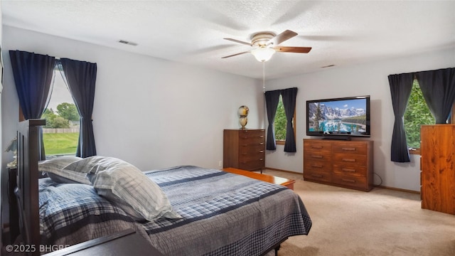 1105 E Henderson Pl, Indianola, IA 50125 - bedroom with multiple windows, light carpet, a ceiling fan, and a textured ceiling