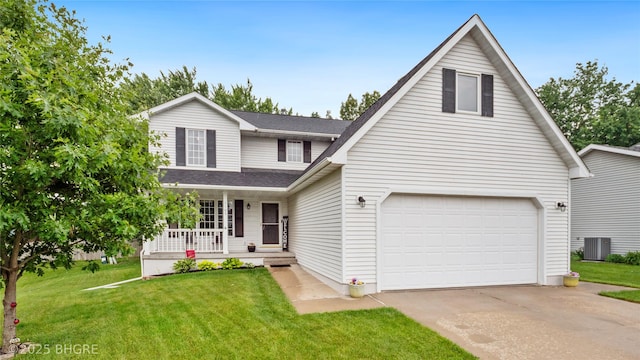 1105 E Henderson Pl, Indianola, IA 50125 - traditional-style home featuring a porch, concrete driveway, a front lawn, and central AC unit