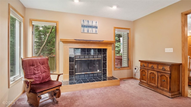 1105 E Henderson Pl, Indianola, IA 50125 - living room featuring carpet flooring, a tile fireplace, and baseboards