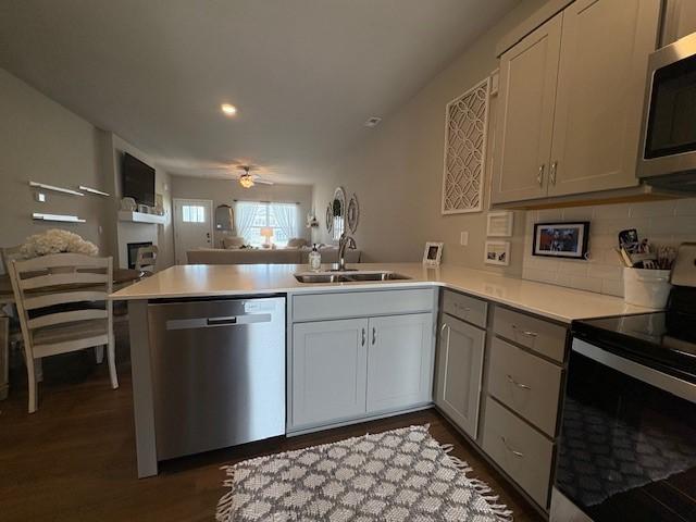 2807 NW 31st St, Ankeny, IA 50023 - kitchen with stainless steel appliances, a sink, a peninsula, open floor plan, and light countertops