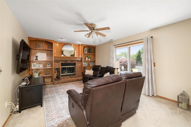 9640 Quail Run, Urbandale, IA 50322 - living room with ceiling fan, light colored carpet, baseboards, a fireplace, and a textured ceiling