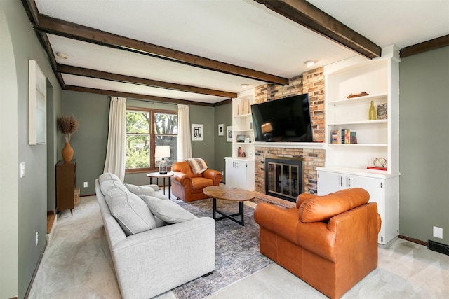 9873 Colby Ave, Clive, IA 50325 - living area with a fireplace, baseboards, light carpet, and beam ceiling