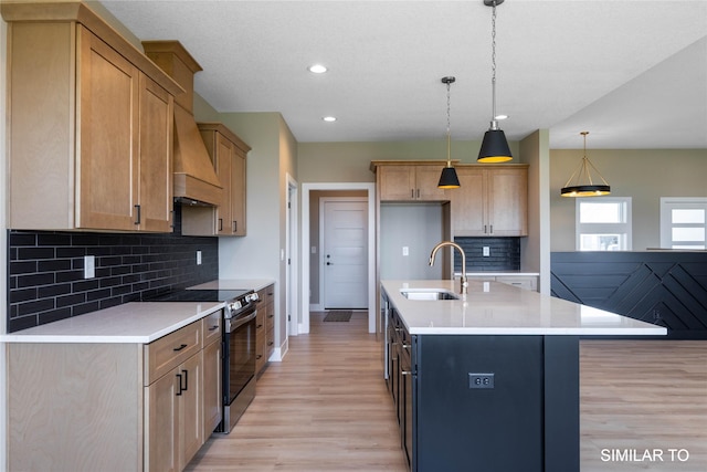 610 Ellis Cir, Adel, IA 50003 - kitchen with stainless steel range with electric stovetop, a sink, light wood-style floors, tasteful backsplash, and recessed lighting
