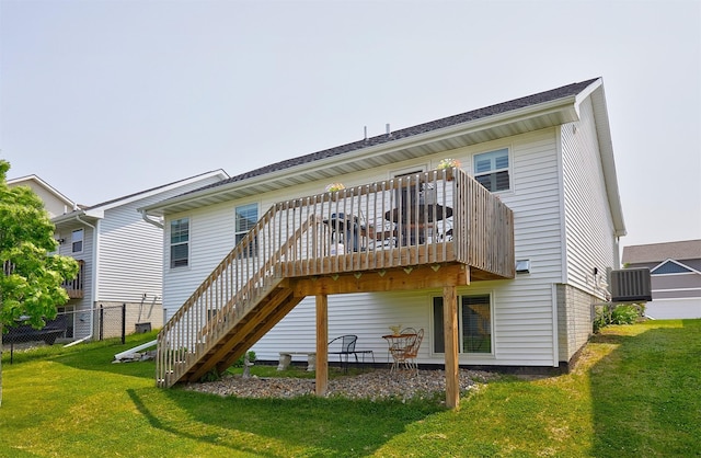 134 Aspen Dr, Norwalk, IA 50211 - rear view of property featuring stairway, a wooden deck, and central air condition unit