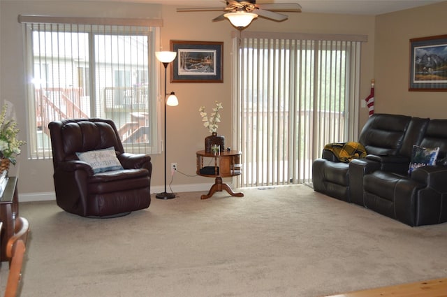 6029 Meacham Dr, Pleasant Hill, IA 50327 - carpeted living area featuring a ceiling fan and baseboards