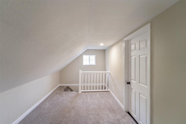 2336 E 13th St, Des Moines, IA 50316 - additional living space featuring a textured ceiling, baseboards, vaulted ceiling, and carpet floors