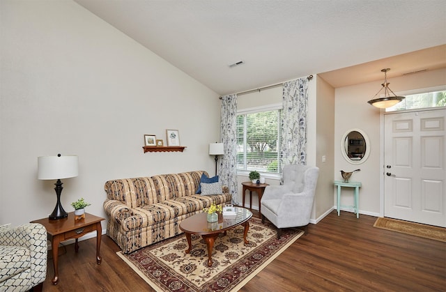 280 S 79th St Unit 1302, West Des Moines, IA 50266 - living area with wood finished floors, vaulted ceiling, and baseboards