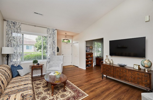 280 S 79th St Unit 1302, West Des Moines, IA 50266 - living room featuring wood finished floors, plenty of natural light, baseboards, and high vaulted ceiling