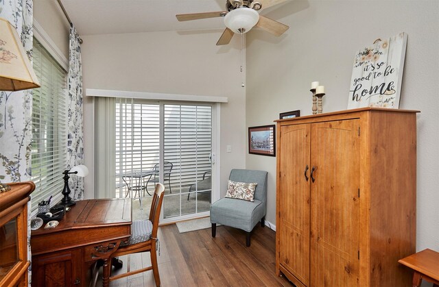 280 S 79th St Unit 1302, West Des Moines, IA 50266 - office with wood finished floors, ceiling fan, and a towering ceiling
