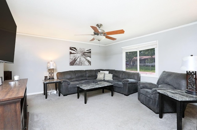 3811 SW 3rd St, Des Moines, IA 50315 - living room featuring ornamental molding, light colored carpet, ceiling fan, and baseboards