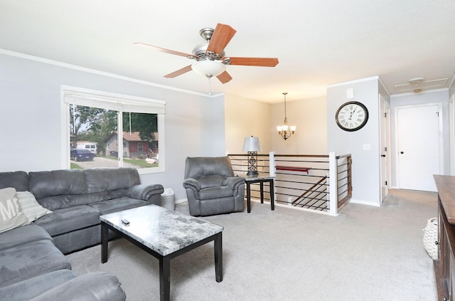 3811 SW 3rd St, Des Moines, IA 50315 - living room with light colored carpet, crown molding, baseboards, a ceiling fan, and a chandelier
