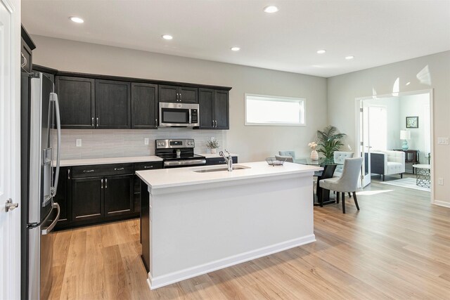 6744 NE 12th Ct, Des Moines, IA 50313 - kitchen with appliances with stainless steel finishes, a sink, dark cabinetry, light wood finished floors, and backsplash