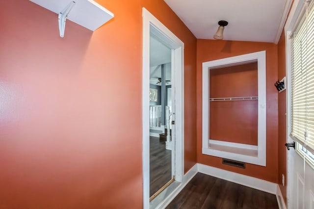 600 SE 2nd St, Grimes, IA 50111 - hall featuring dark wood finished floors, lofted ceiling, and baseboards