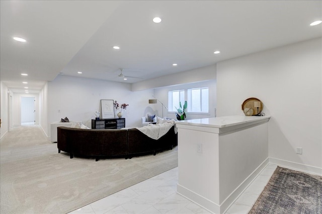 3736 NW 183rd St, Clive, IA 50325 - living room featuring recessed lighting, light marble finish flooring, ceiling fan, and baseboards