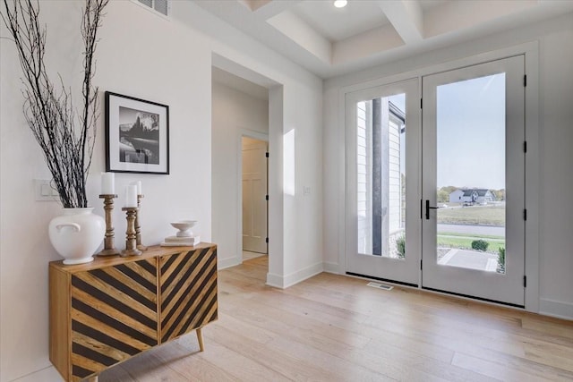 3736 NW 183rd St, Clive, IA 50325 - entrance foyer with light wood-style floors, coffered ceiling, beamed ceiling, and baseboards