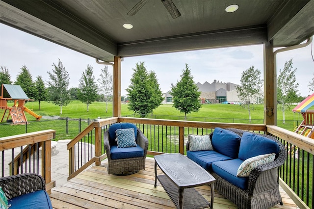 460 NE Bowman Dr, Waukee, IA 50263 - deck with a playground, outdoor lounge area, and a ceiling fan