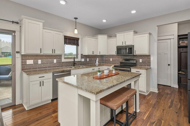 460 NE Bowman Dr, Waukee, IA 50263 - kitchen with appliances with stainless steel finishes, a sink, white cabinetry, dark wood-style floors, and recessed lighting