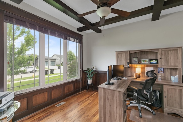 460 NE Bowman Dr, Waukee, IA 50263 - office space featuring light wood finished floors, wainscoting, beam ceiling, and a ceiling fan