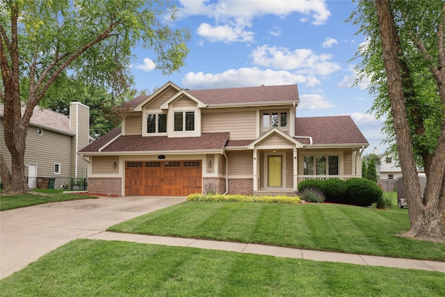 313 29th St, West Des Moines, IA 50265 - view of front facade with a garage, concrete driveway, brick siding, a front yard, and a shingled roof