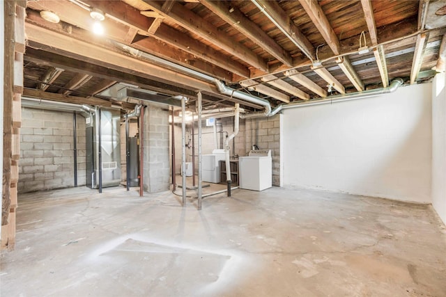 1127 10th St, Des Moines, IA 50314 - unfinished basement with washer and clothes dryer, heating unit, gas water heater, and concrete block wall