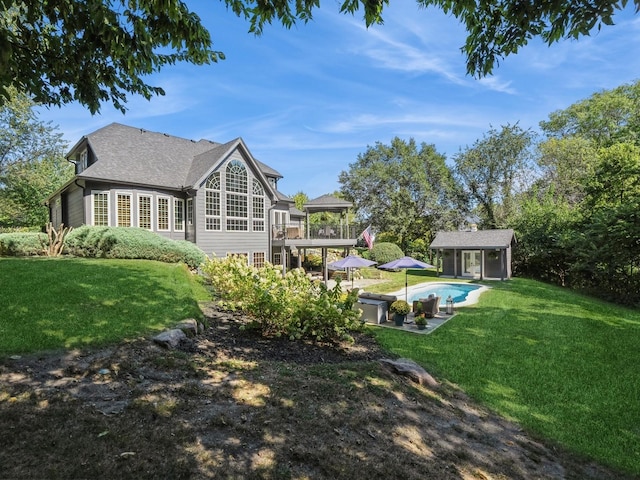 11576 NW Timberbrooke Ln, Grimes, IA 50111 - back of house featuring an outdoor structure, an exterior structure, a lawn, and an outdoor pool