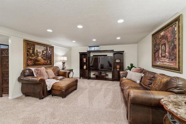 14091 Willow Dr, Clive, IA 50325 - living room featuring light colored carpet, recessed lighting, a textured ceiling, and baseboards
