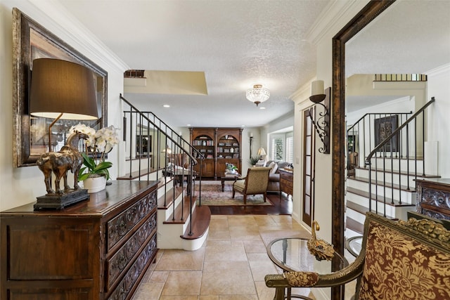 14091 Willow Dr, Clive, IA 50325 - foyer featuring stairway, a textured ceiling, ornamental molding, and recessed lighting