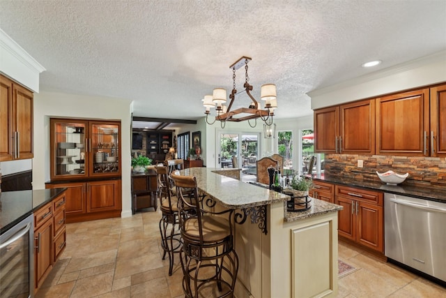 14091 Willow Dr, Clive, IA 50325 - kitchen with dishwasher, wine cooler, brown cabinetry, a breakfast bar, and recessed lighting