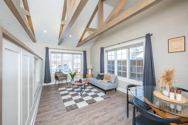 4005 Beaver Ave, Des Moines, IA 50310 - living area with beam ceiling, light wood-style flooring, baseboards, recessed lighting, and high vaulted ceiling