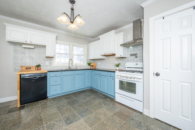 4005 Beaver Ave, Des Moines, IA 50310 - kitchen with dishwasher, white gas range, wall chimney exhaust hood, a sink, and blue cabinets