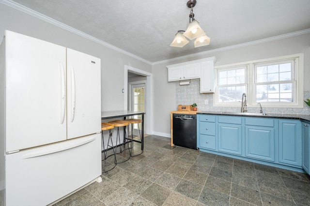 4005 Beaver Ave, Des Moines, IA 50310 - kitchen with freestanding refrigerator, black dishwasher, blue cabinetry, a sink, and crown molding