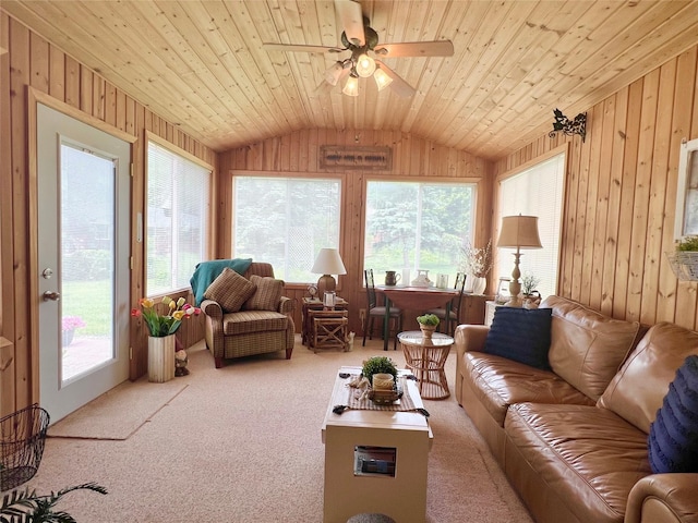 313 E 29th St S, Newton, IA 50208 - living area with vaulted ceiling, wood walls, healthy amount of natural light, ceiling fan, and carpet floors
