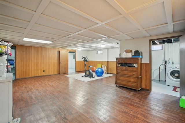 4413 SE 7th St, Des Moines, IA 50315 - workout area with washer / clothes dryer, wooden walls, wood finished floors, a wainscoted wall, and coffered ceiling