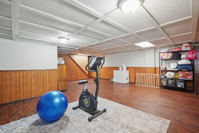 4413 SE 7th St, Des Moines, IA 50315 - workout area featuring wainscoting, wooden walls, and wood finished floors