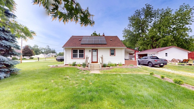 6465 NW 56th St, Johnston, IA 50131 - bungalow-style home with solar panels, a front yard, and a chimney