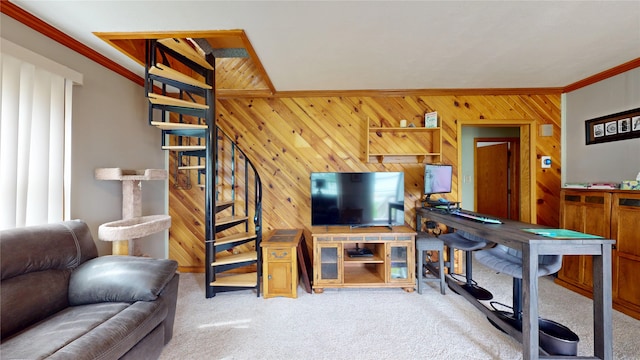 6465 NW 56th St, Johnston, IA 50131 - carpeted living room featuring crown molding, wooden walls, and healthy amount of natural light