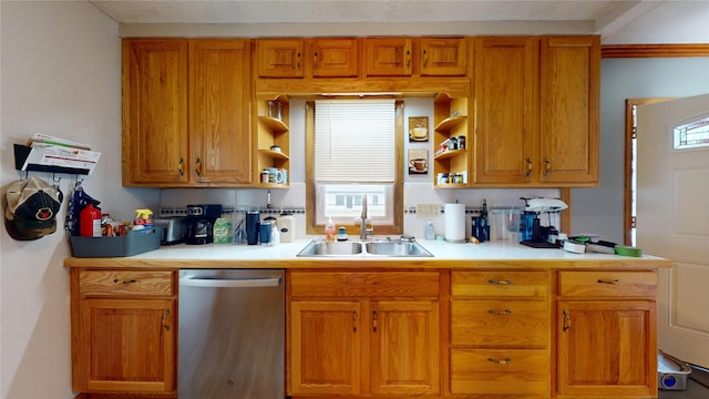 6465 NW 56th St, Johnston, IA 50131 - kitchen featuring dishwasher, a sink, open shelves, tile counters, and brown cabinets