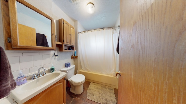 6465 NW 56th St, Johnston, IA 50131 - bathroom featuring vanity, toilet, shower / bathtub combination with curtain, backsplash, and tile patterned flooring