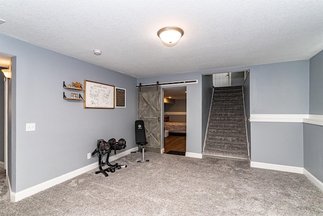 2212 228th Pl, Ames, IA 50014 - workout room with a barn door, a textured ceiling, carpet floors, and baseboards