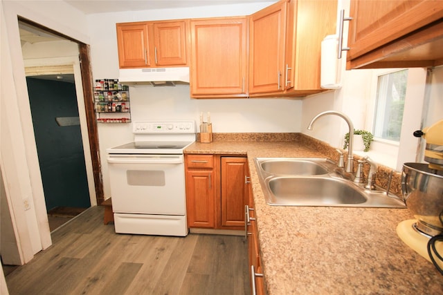 1035 65th St, Windsor Heights, IA 50324 - kitchen with white range with electric stovetop, under cabinet range hood, a sink, light wood-style floors, and light countertops