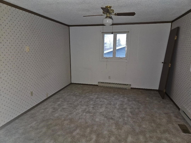 205 Amy Ln, Mount Ayr, IA 50854 - empty room with crown molding, wallpapered walls, a baseboard radiator, ceiling fan, and carpet floors