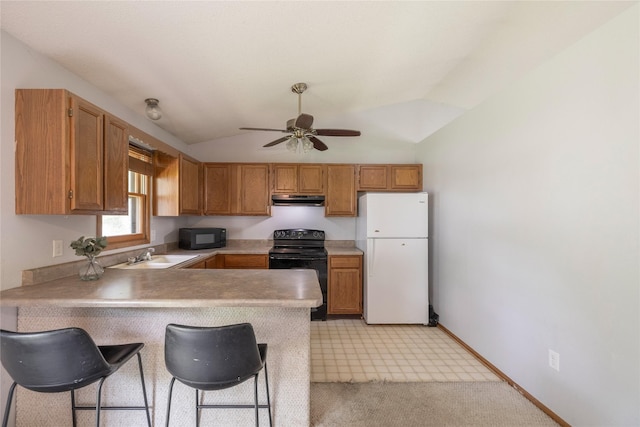 1924 Thornton Ct, Des Moines, IA 50320 - kitchen with black appliances, under cabinet range hood, a sink, lofted ceiling, and a peninsula