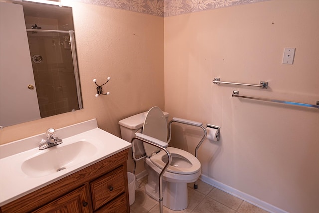 1126 SE Mallard Creek Dr, Ankeny, IA 50021 - bathroom with toilet, a stall shower, vanity, tile patterned floors, and baseboards