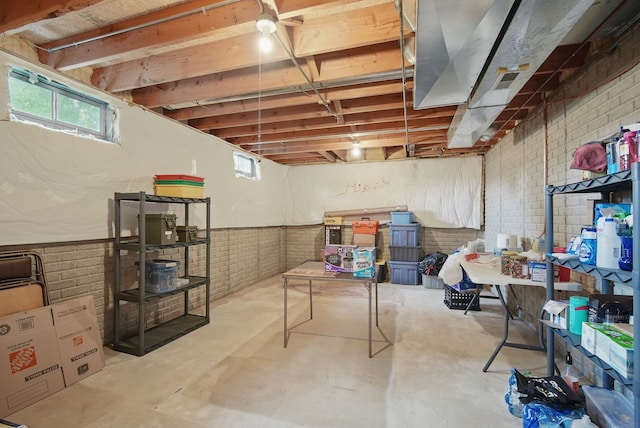 4623 62nd St, Urbandale, IA 50322 - basement featuring plenty of natural light, brick wall, and a wainscoted wall