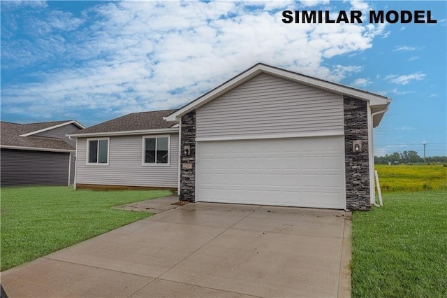 25088 Bluebird Cir, Adel, IA 50003 - ranch-style house with an attached garage, driveway, stone siding, and a front yard