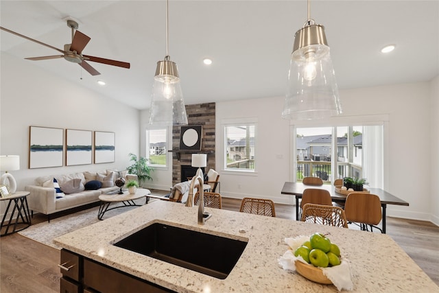 150 NW Hidden Knl, Waukee, IA 50263 - kitchen with open floor plan, wood finished floors, decorative light fixtures, lofted ceiling, and light stone countertops