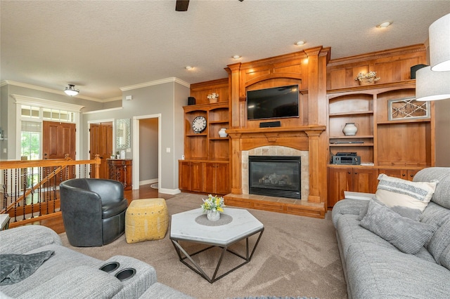 6725 NW 93rd St, Johnston, IA 50131 - living room featuring crown molding, a fireplace, and a textured ceiling